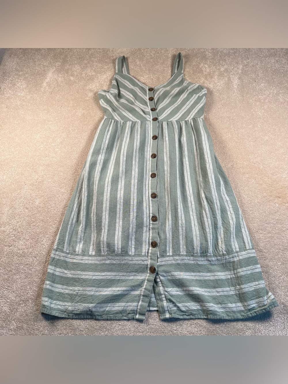 Linen Blend Dress Green Striped Casual Adjustable Strap Universal Thread Medium